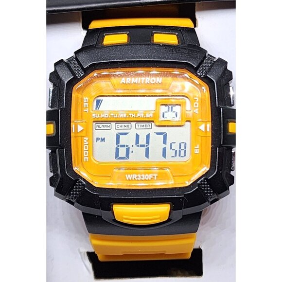 Armitron Pro Sport Yellow-Black Watch: Water-Resistant Dual Time & Chrono Unisex - Picture 2 of 15